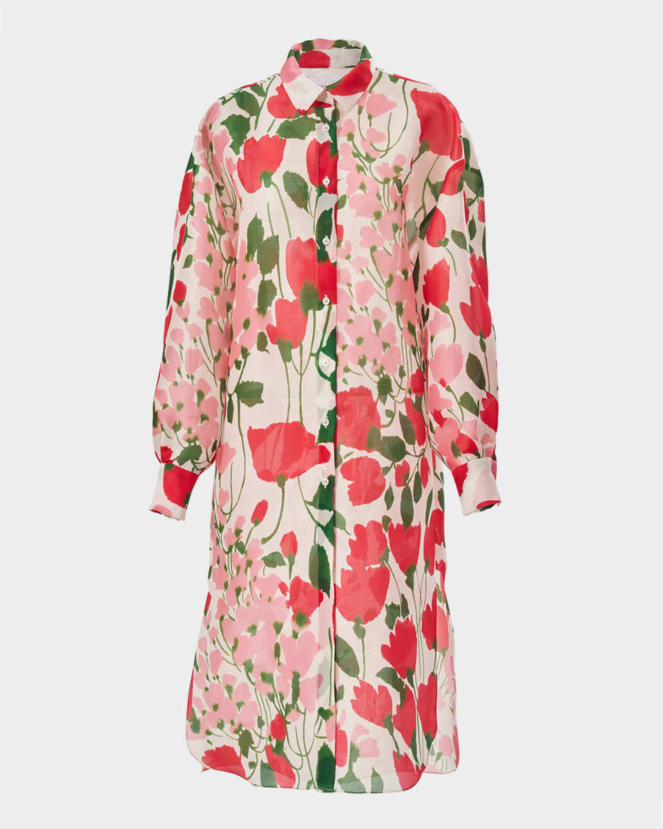 Rose Print Oversized Self-Belt Midi Shirt Dress